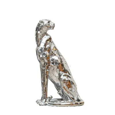 ESCULTURA RESINA LEOPARDO SENTADO SILVER
